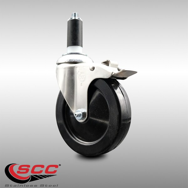 5 Inch 316SS Hard Rubber Swivel 1-3/8 Inch Expanding Stem Caster Lock Brake SCC